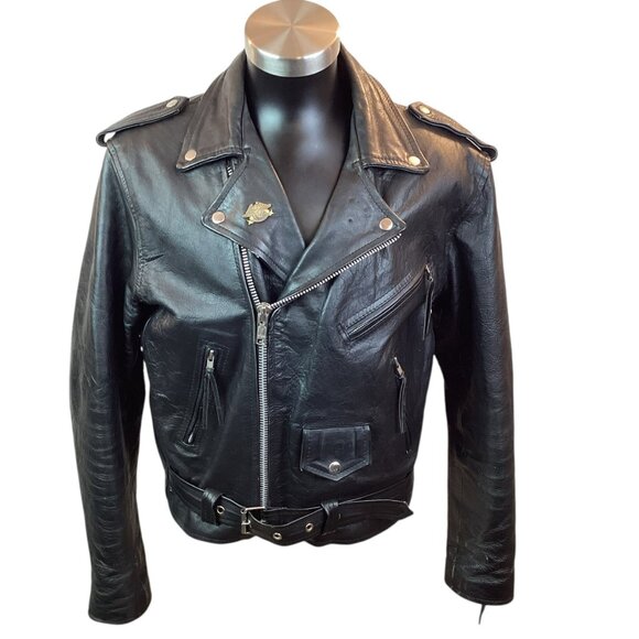 Vintage Bikers Stuff Moto Leather Jacket Mens 44 Harley Owners Group Patch And E - Picture 1 of 12